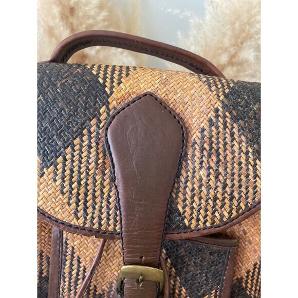 Vintage Plaid Woven Straw Backpack Brown Tan Bohemian Cottagecore Western